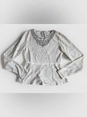 Crochet Eyelet Empire Peplum Top Rhinestone Jewel Coquette Festival Editorial